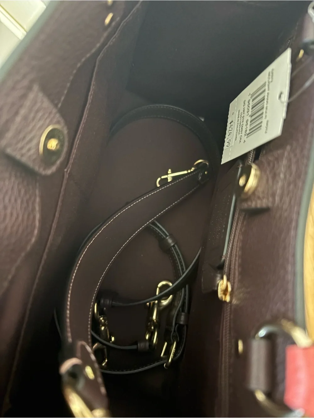 Coach Dempsey 29 Beige Signature Canvas Tote with Red Trim and Charms